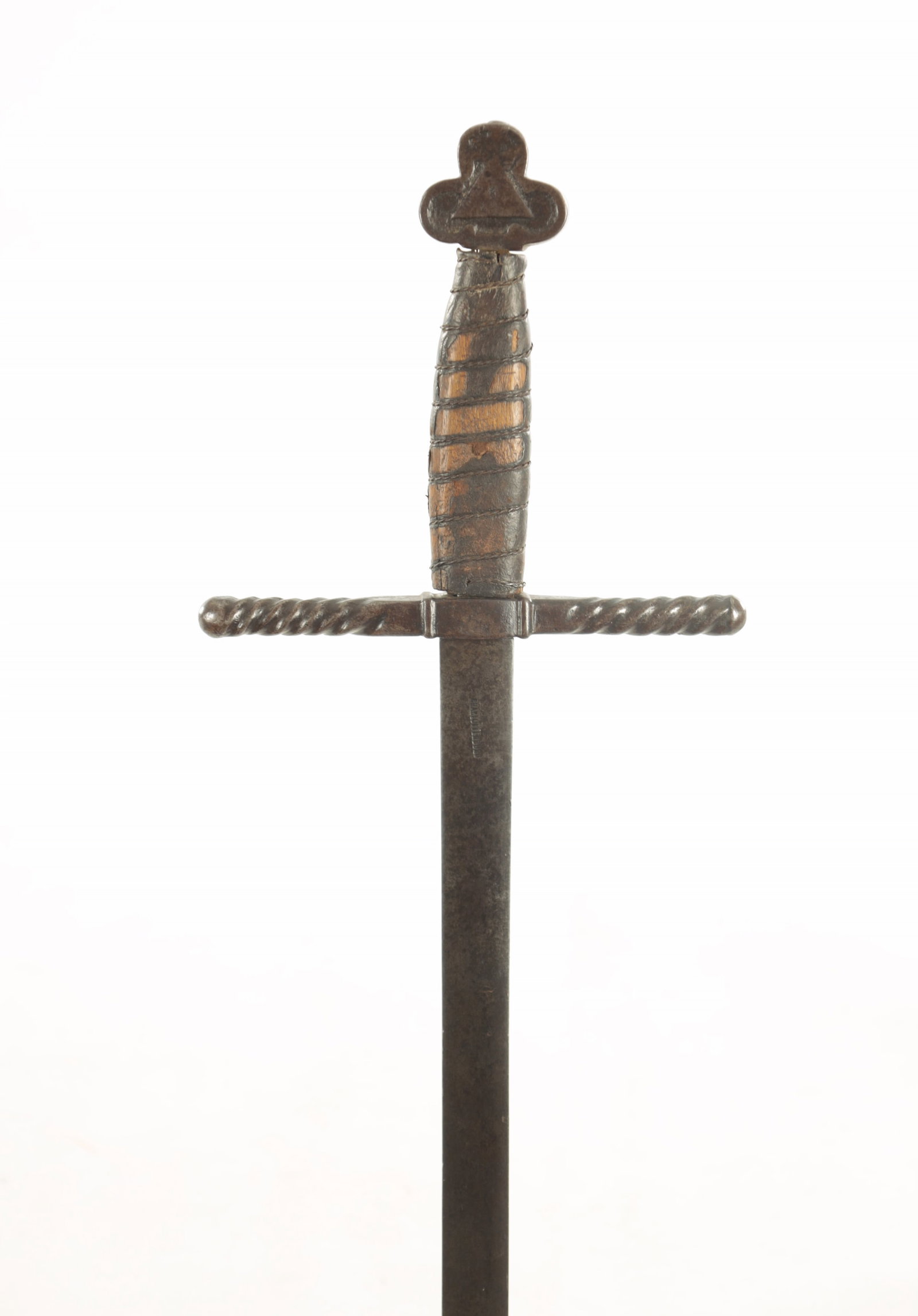 AN 18TH CENTURY CONTINENETAL SWORD: AN 18TH CENTURY CONTINENETAL SWORD with wire bound leather grip and spiral twist cross guard, the double edged steel blade inscribed "CHARLOTTENBURG". (90.5cm overall )