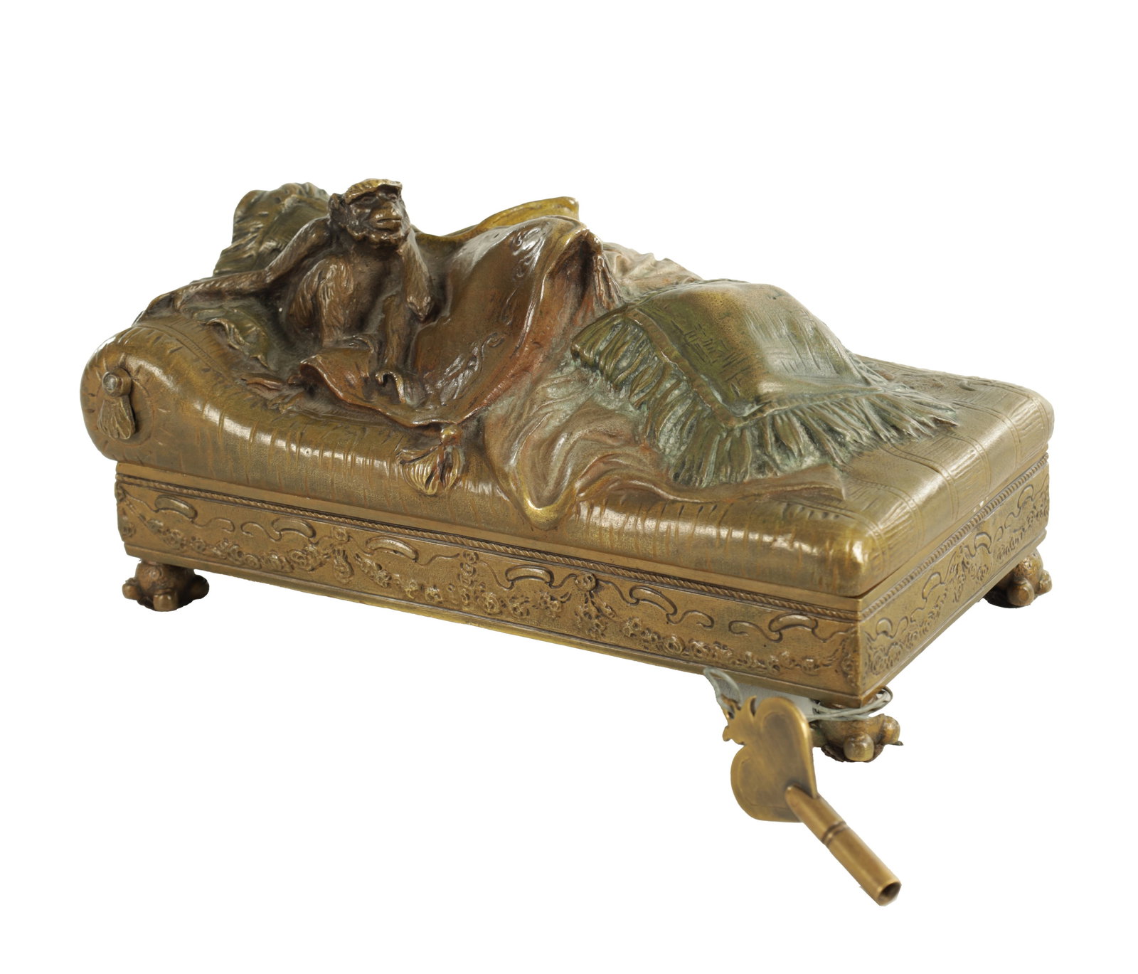 A LATE 19TH / EARLY 20TH CENTURY AUSTRIAN COLD-PAINTED EROTIC BRONZE CASKET IN THE MANOR OF FRANZ: A LATE 19TH / EARLY 20TH CENTURY AUSTRIAN COLD-PAINTED EROTIC BRONZE CASKET IN THE MANOR OF FRANZ BERGMAN the lockable hinged top resembling a chaise longue strewn with cushions and a seated monkey, e