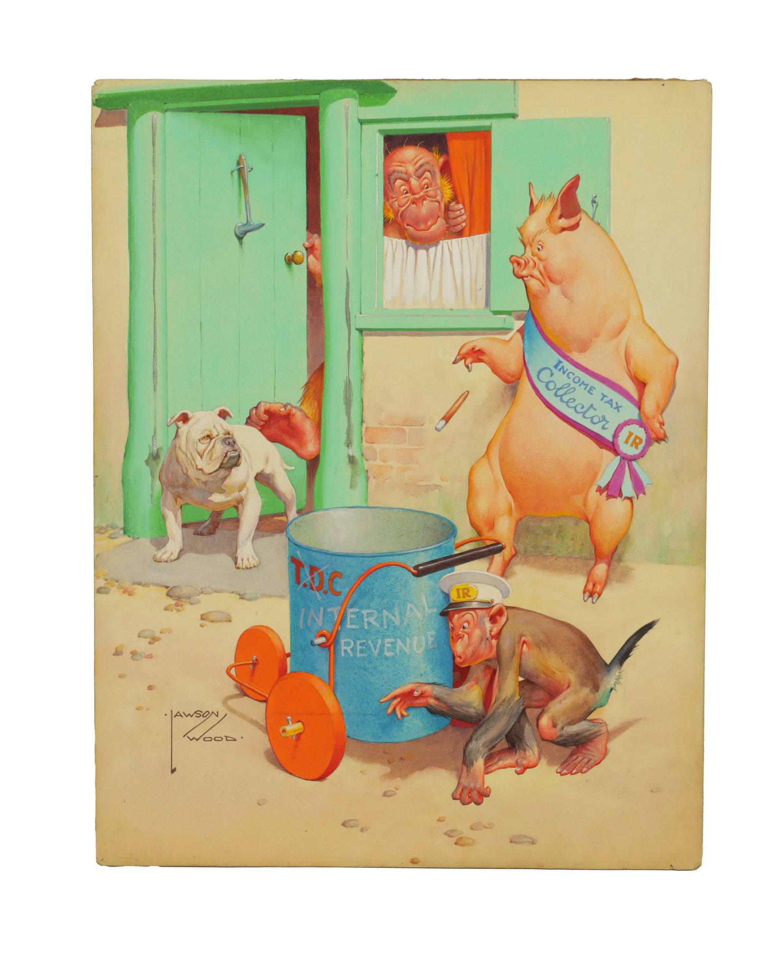 CLARENCE LAWSON WOOD, RI (1878-1957) AN ORIGINAL WATERCOLOUR AND INK CARICATURE ILLUSTRATION: CLARENCE LAWSON WOOD, RI (1878-1957) AN ORIGINAL WATERCOLOUR AND INK CARICATURE ILLUSTRATION titled "Lets call it a day" depicting monkeys, dog and pig - signed. (38cm high 30cm wide)