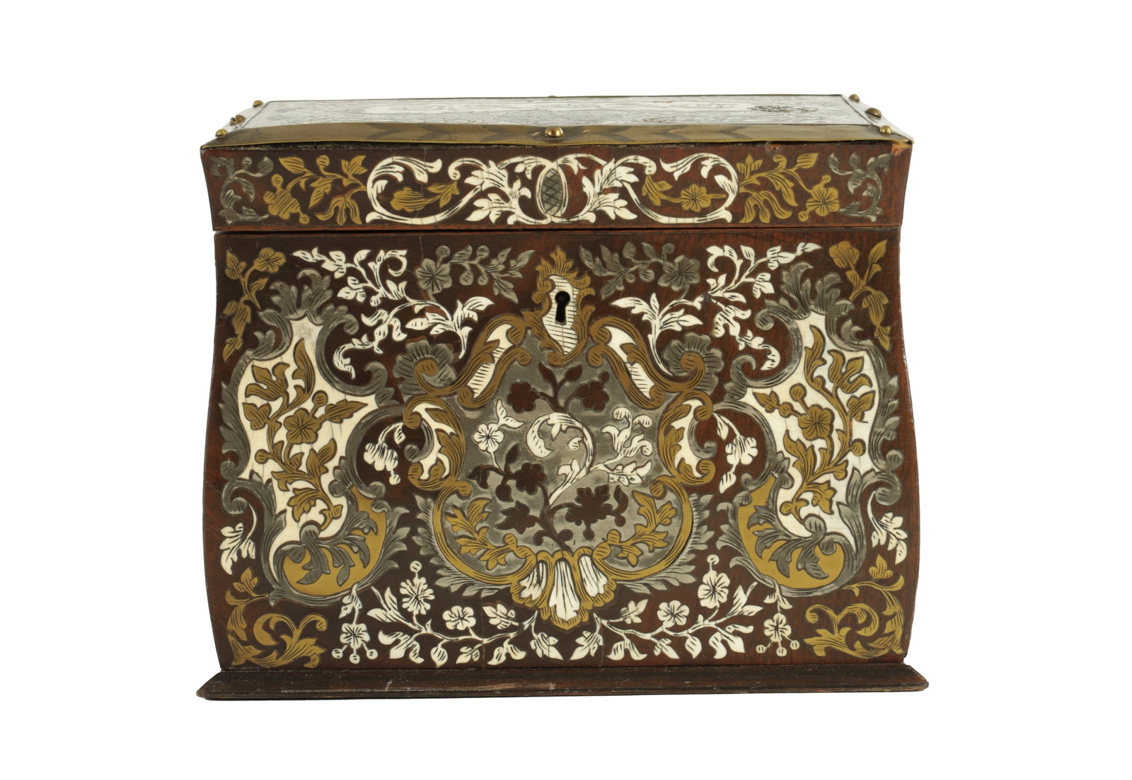 A 19TH CENTURY FRENCH BRASS, PEWTER AND IVORY INLAID ROSEWOOD TOBACCO BOX: A 19TH CENTURY FRENCH BRASS, PEWTER AND IVORY INLAID ROSEWOOD TOBACCO BOX of bombe form intricately inlaid with flowering leafage in contrasting inlays, with hinged chamfered lid, lidded interior, inl