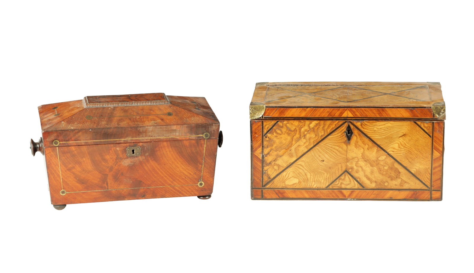 TWO EARLY 19TH CENTURY TEA CADDIES: TWO EARLY 19TH CENTURY TEA CADDIE a bare elm caddy with ebony strung inlay and brass corners together with a sarcophagus shaped mahogany caddy with brass strung inlay, both having two lidded compartme