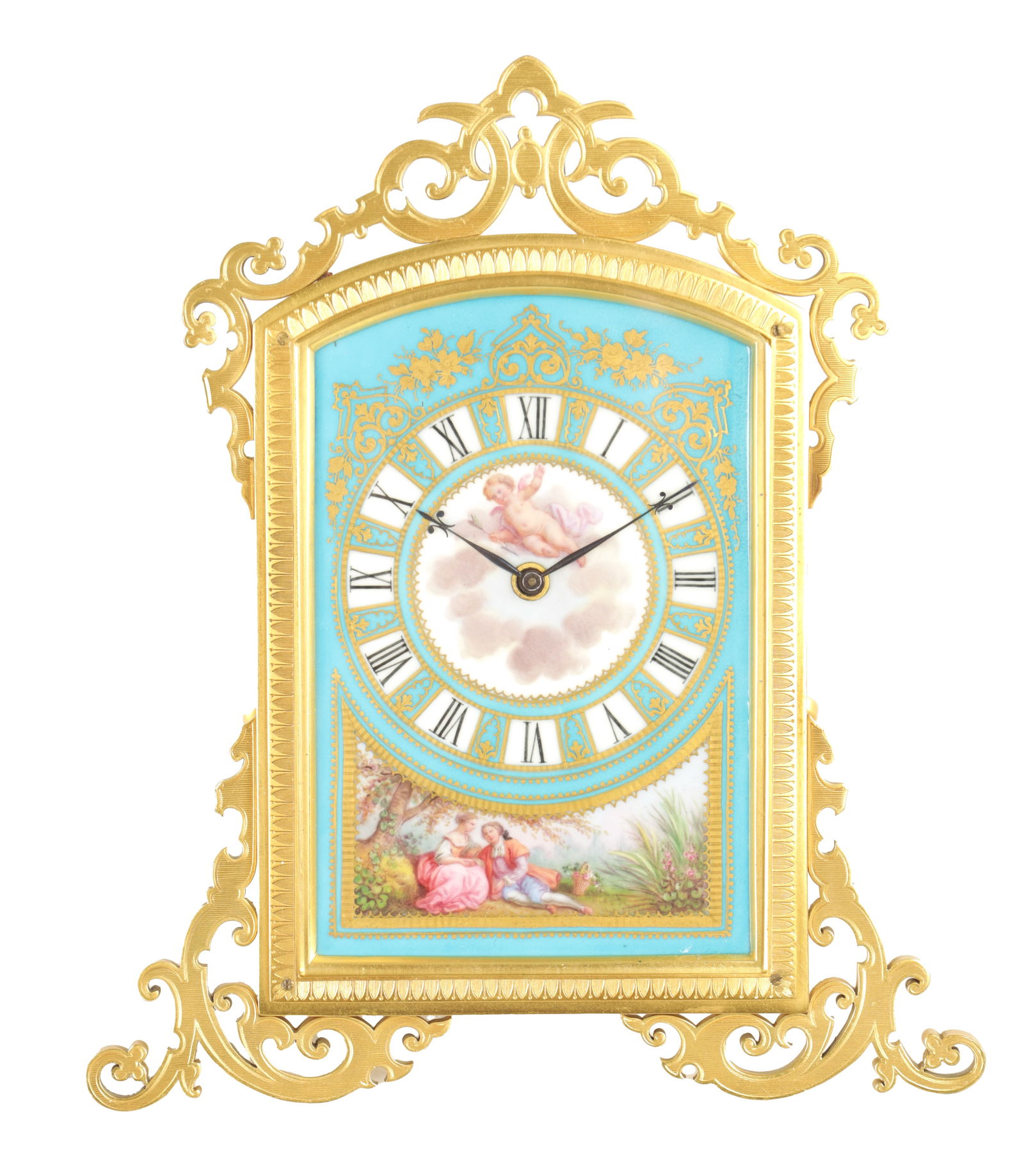 A FINE MID 19TH CENTURY ENGRAVED GILT BRASS SERVES PORCELAIN DIAL STRUT CLOCK ATTRIBUTED TO THOMAS: A FINE MID 19TH CENTURY ENGRAVED GILT BRASS SERVES PORCELAIN DIAL STRUT CLOCK ATTRIBUTED TO THOMAS COLE the arched case with pierced fretwork engraved decoration, the back with adjustable easel and en