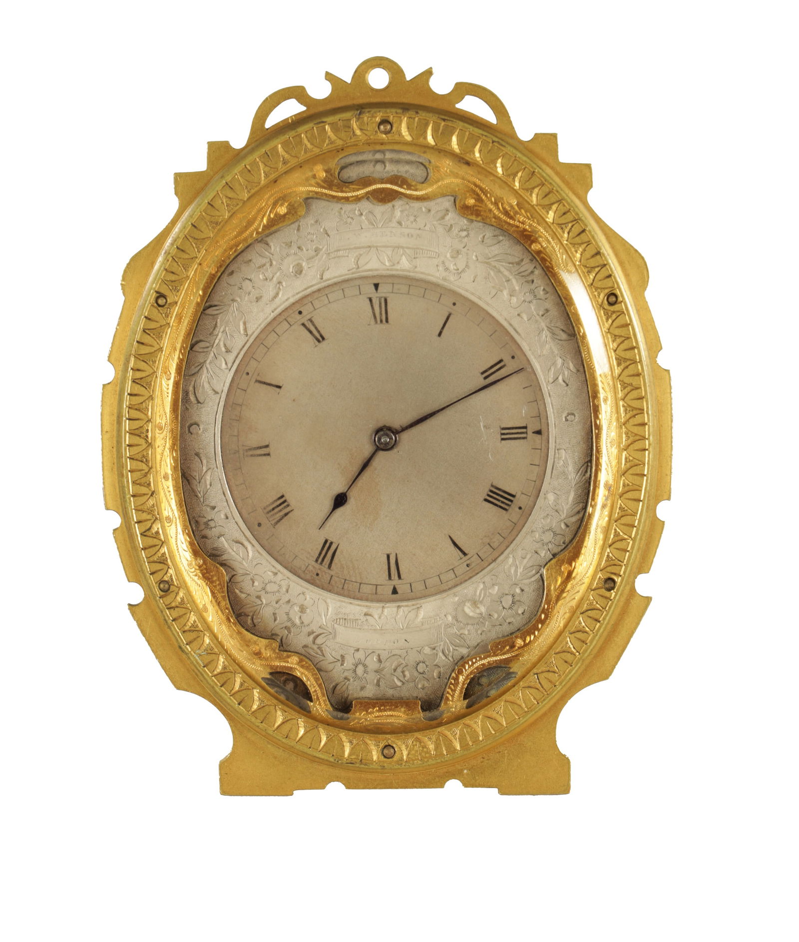 J.W. BENSON, LONDON. A 19TH CENTURY ENGLISH THOMAS COLE STYLE STRUT CLOCK: J.W. BENSON, LONDON. A 19TH CENTURY ENGLISH THOMAS COLE STYLE STRUT CLOCK, having a gilt brass engraved oval case with a hinged stand and shuttered signed back cover, the silvered foliate engraved dia