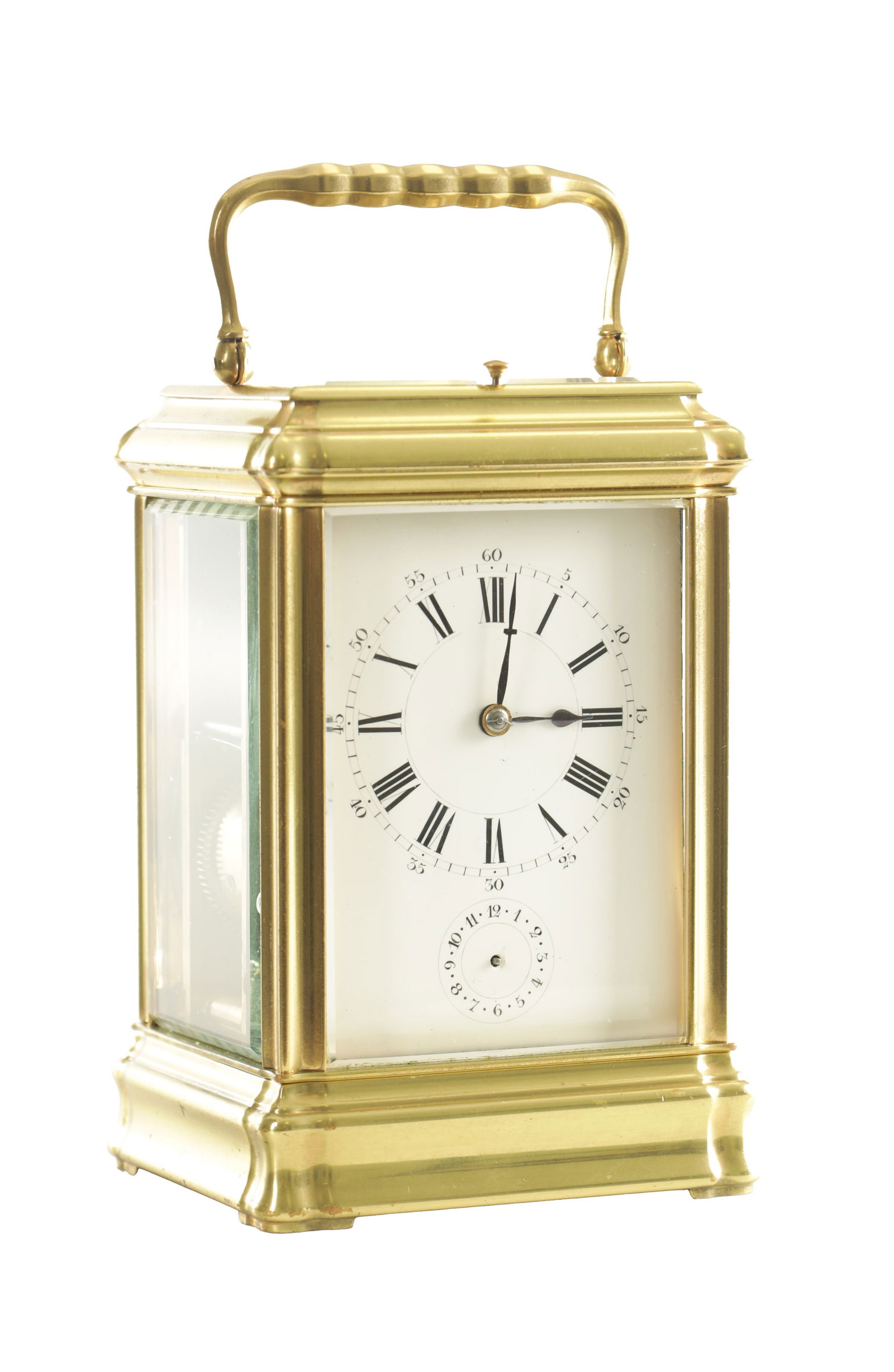 A 19TH CENTURY FRENCH BRASS GORGE CASE STRIKING AND REPEATING CARRIAGE CLOCK WITH ALARM (1 of 9)