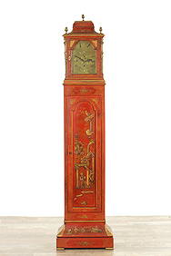 JOHN MONKHOUSE LONDON. AN UNUSUAL 19TH CENTURY SCARLET LACQUERED WEIGHT DRIVEN THREE TRAIN LONGCASE (1 of 18)
