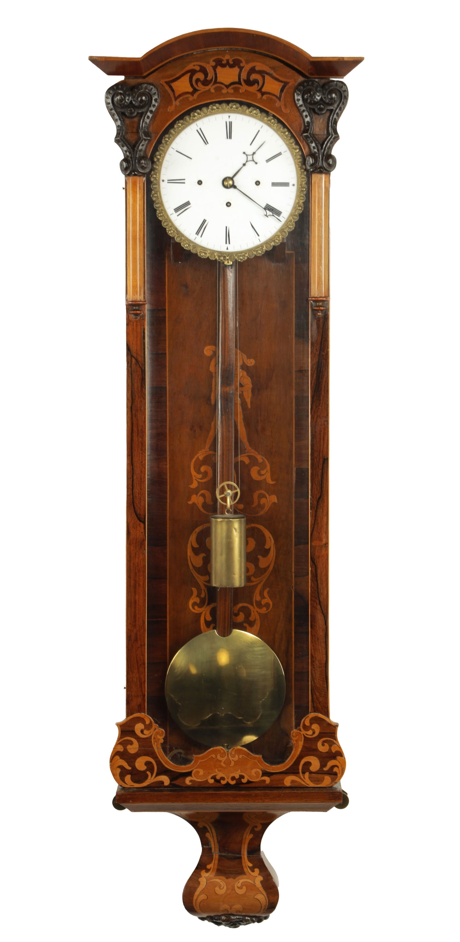 A 19TH CENTURY INLAID BIEDERMEIER GRAND SONNERIE VIENNA REGULATOR WALL CLOCK: A 19TH CENTURY INLAID BIEDERMEIER GRAND SONNERIE VIENNA REGULATOR WALL CLOCK, the unusual glazed rosewood case with figural back panel enclosing a 6 1/2" one piece enamel dial with Roman numerals fron