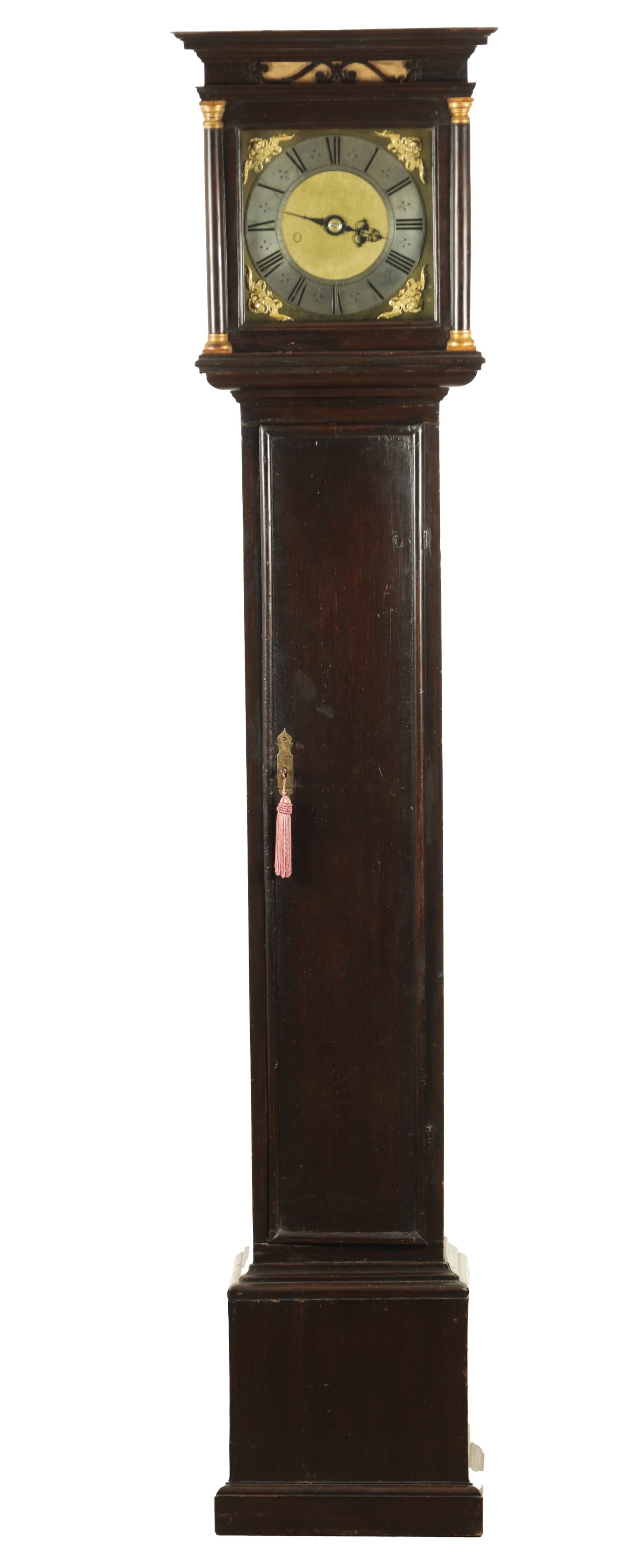 THOMAS GEORGE IN YE STRAND FECIT. A RARE AND INTERESTING LATE 17TH CENTURY EIGHT DAY SINGLE HANDED: THOMAS GEORGE IN YE STRAND FECIT. A RARE AND INTERESTING LATE 17TH CENTURY EIGHT DAY SINGLE HANDED LONGCASE CLOCK, the slender ebonised case with rising hood and moulded door enclosing a 10" square br