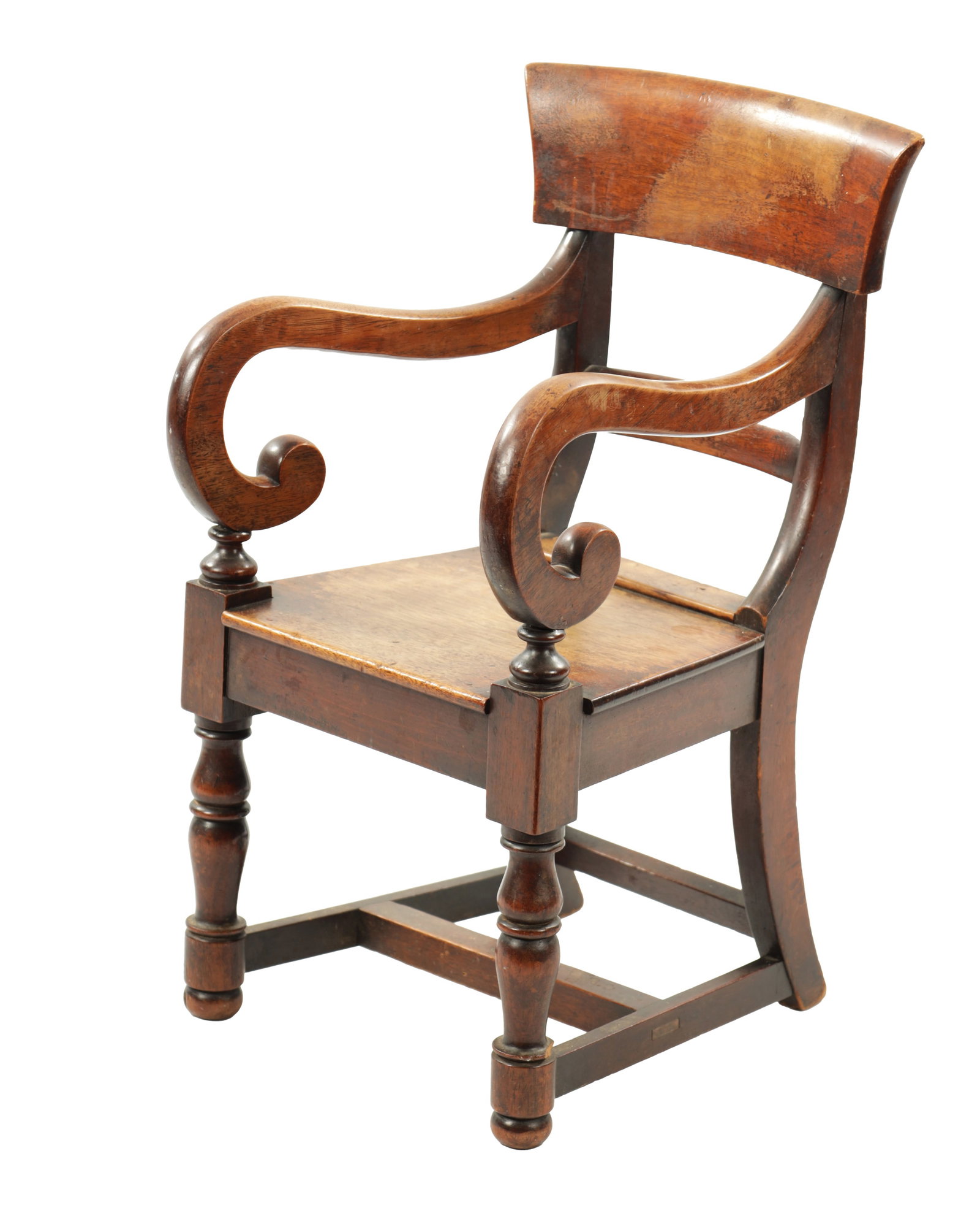 A 19TH CENTURY MAHOGANY CHILDS CHAIR: A 19TH CENTURY MAHOGANY CHILDS CHAIR with bar back and scrolled arms raised on turned legs (62cm high 32cm wide )