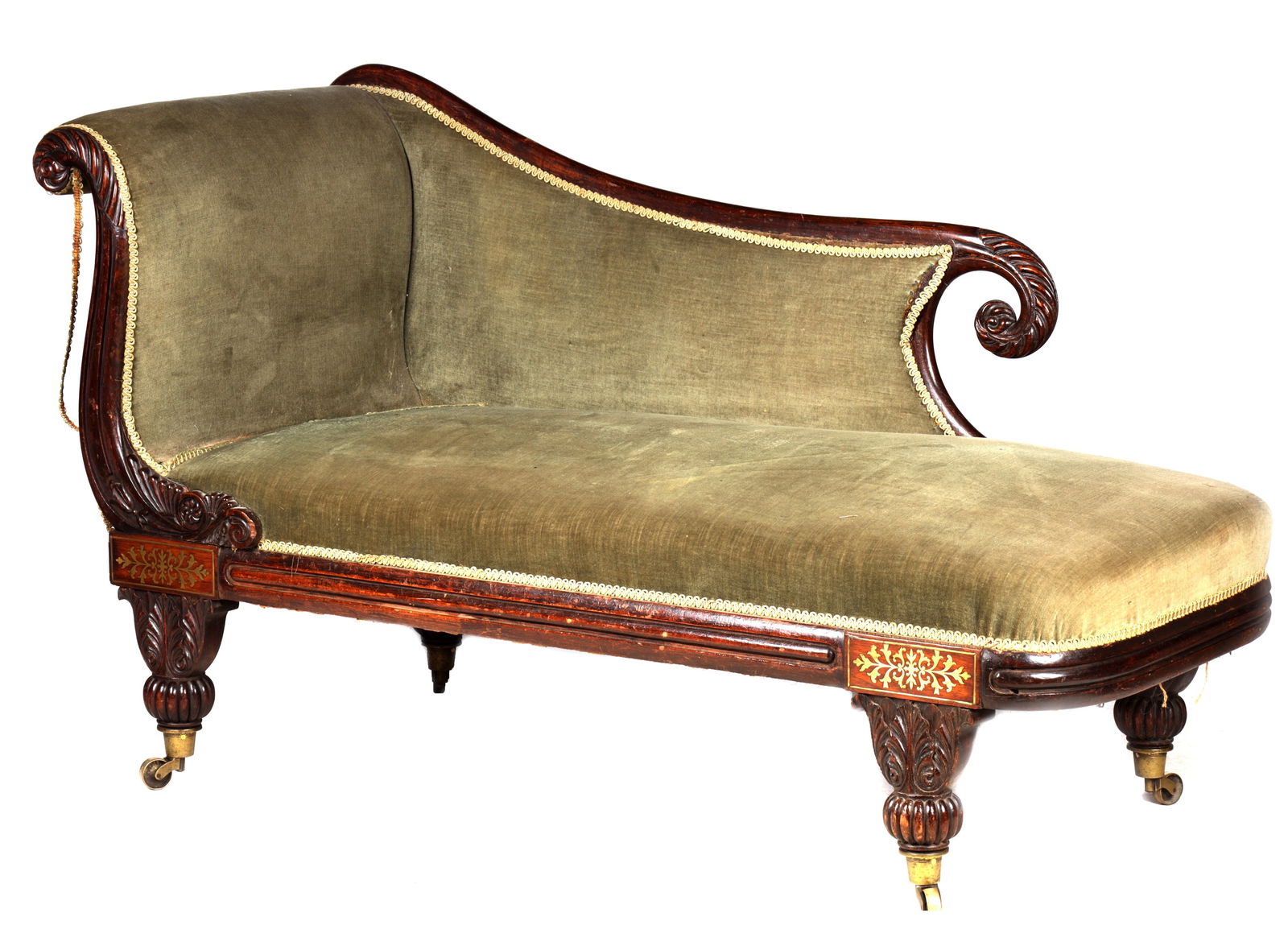 A REGENCY ROSEWOOD AND BRASS INLAID DAY BED/CHAISE LOUNGE: A REGENCY ROSEWOOD AND BRASS INLAID DAY BED/CHAISE LOUNGE with shaped raised back and scrolled end support standing on leaf carved legs and brass cup casters. (90cm high 68cm deep 158cm wide.)