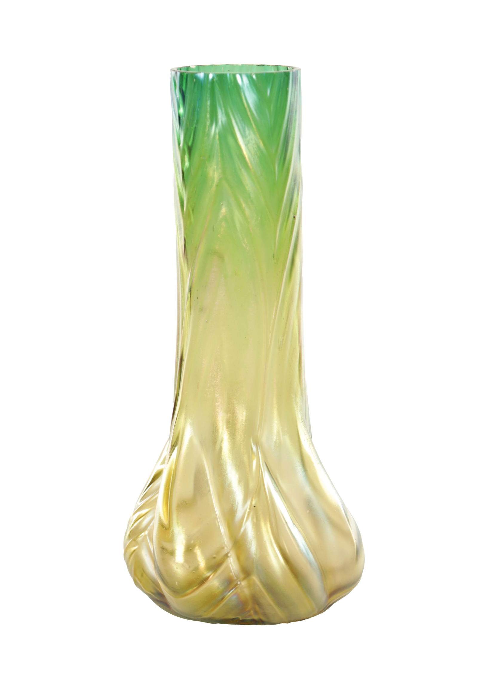 AN ART NOUVEAU LOETZ TYPE IRIDESCENT GLASS VASE: AN ART NOUVEAU LOETZ TYPE IRIDESCENT GLASS VASE the stylish swirled base moulded body, with slender stem representing veined leaf-work. (24cm high)