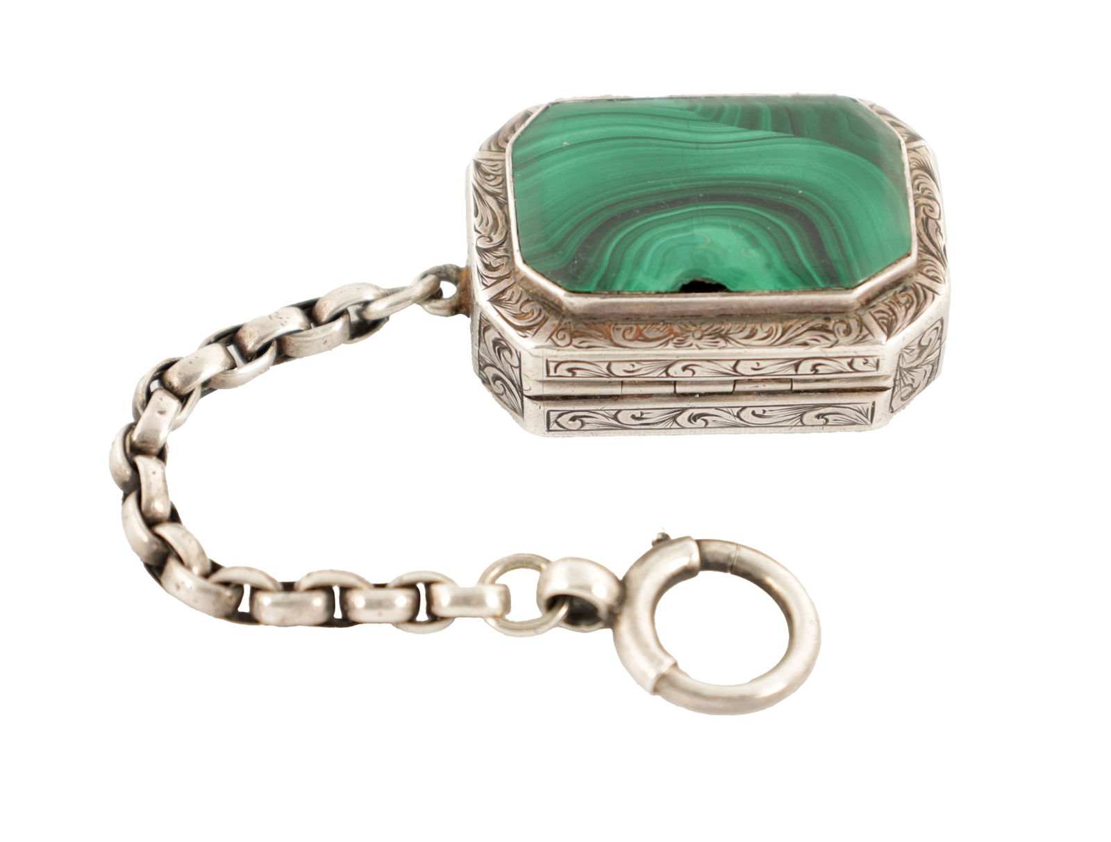 A SMALL VICTORIAN MALACHITE MOUNTED SILVER FOB VINAIGRETTE (1 of 6)