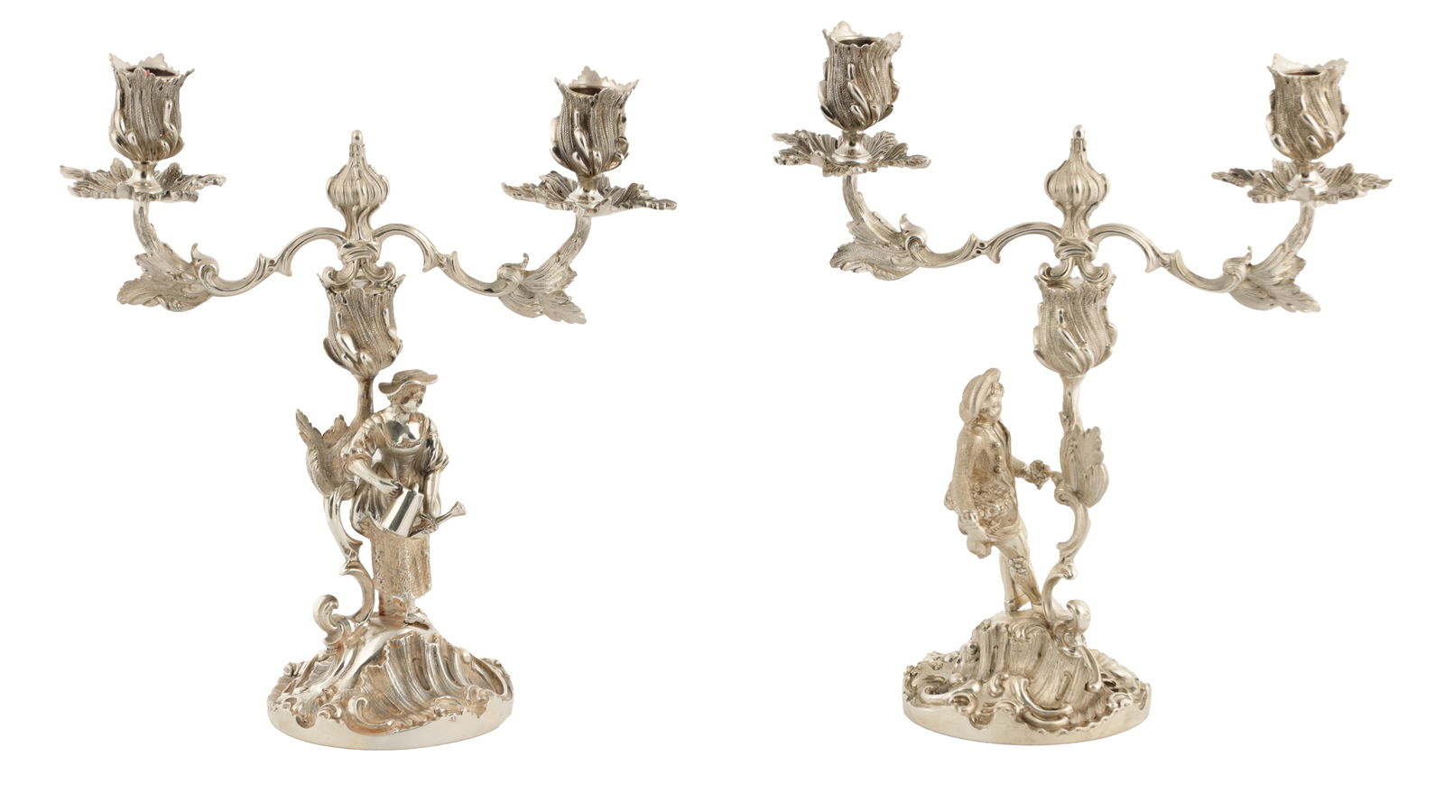 A FINE PAIR OF LATE 20TH CENTURY ROCOCO STYLE FIGURAL SOLID SILVER CANDELABRA: A FINE PAIR OF LATE 20TH CENTURY ROCOCO STYLE FIGURAL SOLID SILVER CANDELABRA each with two scrollwork branches with leafing sconces, raised on c-scroll stems and shellwork bases, mounted with farming