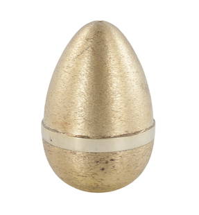 A 1972 STUART DEVLIN SILVER GILT 'SURPRISE' EGG: A 1972 STUART DEVLIN SILVER GILT 'SURPRISE' EGG the textured body with a plain girdle opening to reveal a frog on a lily pad base, hallmarks to base, 108g total (7.5cm high)