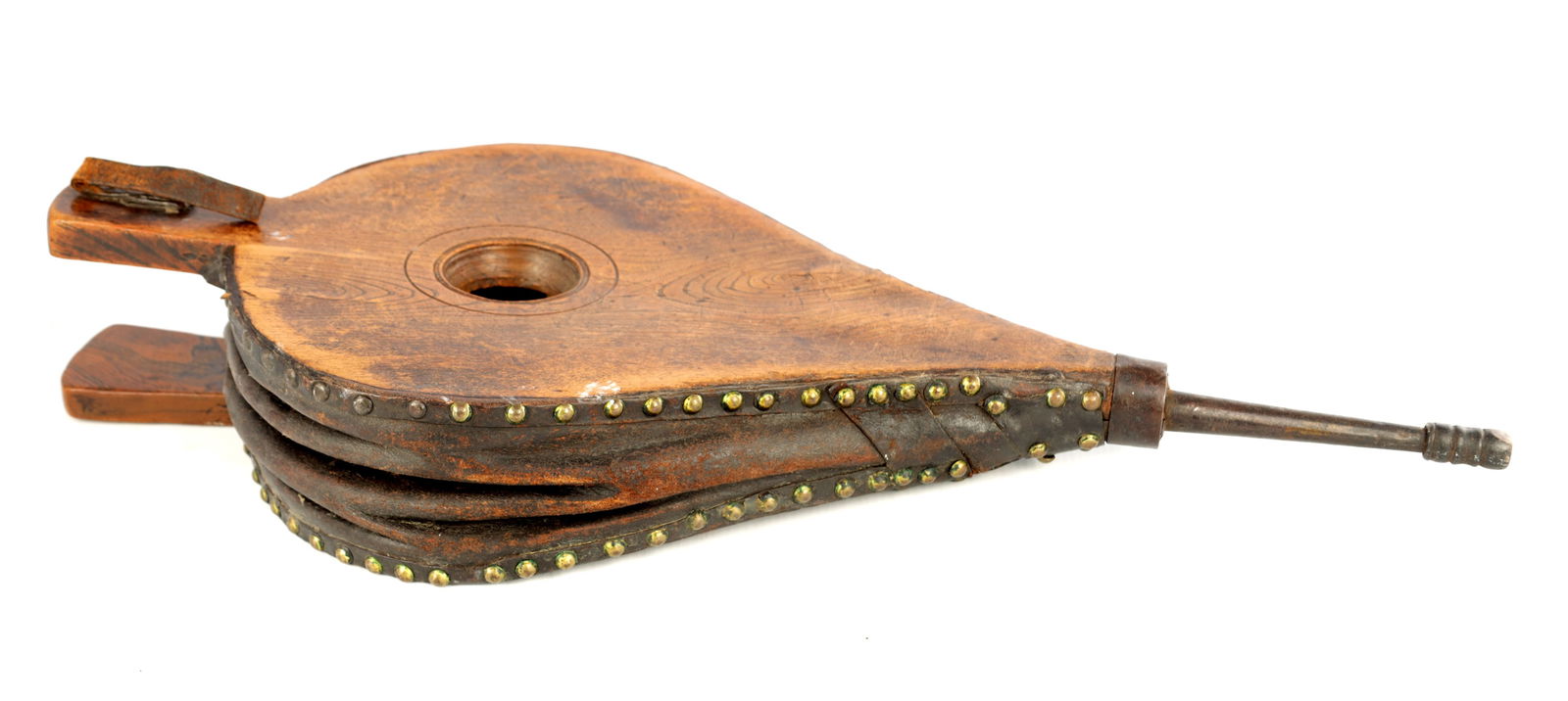 A LATE 19TH CENTURY SET OF FIRE BELLOWS: A LATE 19TH CENTURY SET OF FIRE BELLOWS with brass studs and leather baffles. (59cm long)