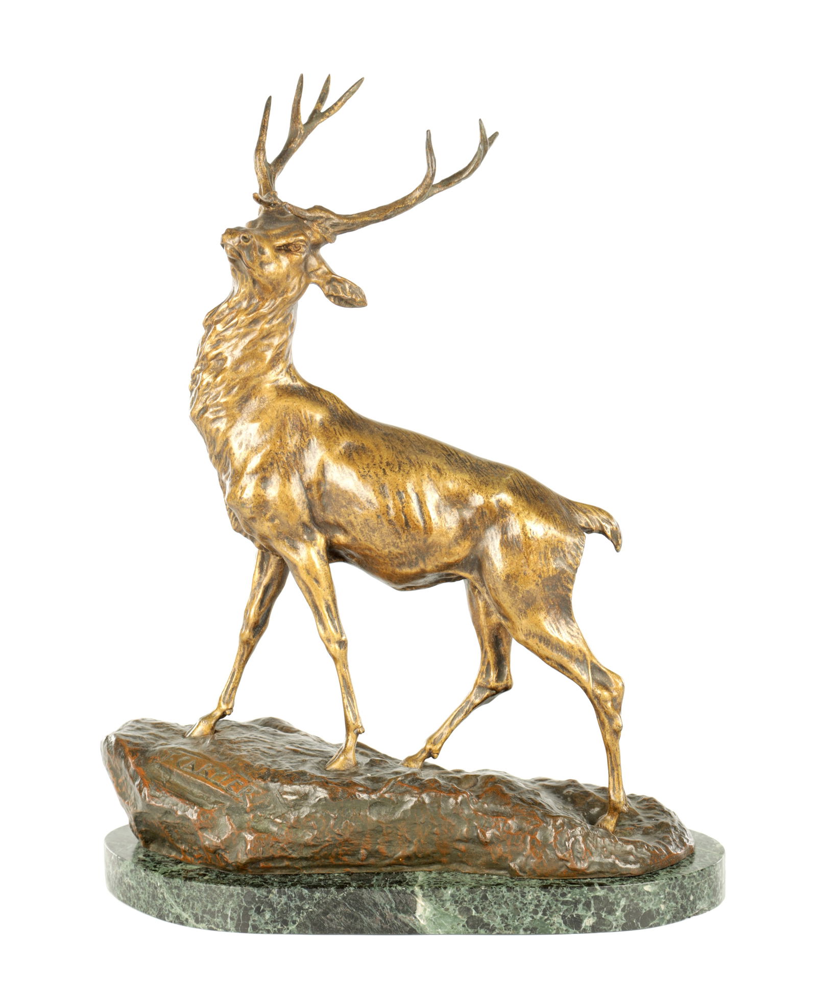 THOMAS CARTIER (1907-2001). A 20TH CENTURY GILT BRONZE SCULPTURE OF A STAG: THOMAS CARTIER (1907-2001). A 20TH CENTURY GILT BRONZE SCULPTURE OF A STAG standing on a naturalistic base with green marble. (48cm high )