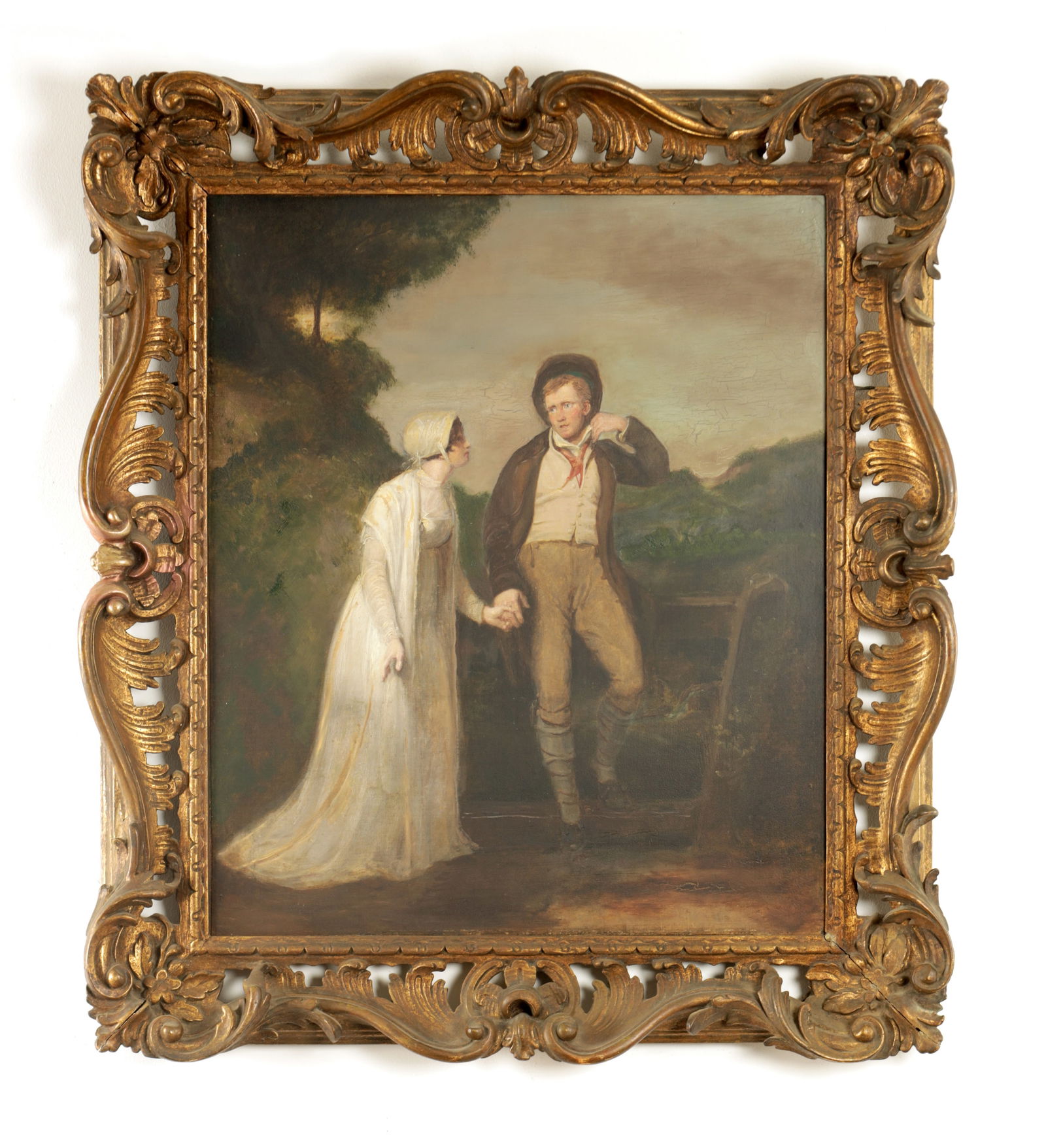 ATT FRANCIS WHEATLEY (1741-1801). A LATE 18TH CENTURY OIL ON CANVAS COUPLE AT A GATE: ATT FRANCIS WHEATLEY (1741-1801). A LATE 18TH CENTURY OIL ON CANVAS COUPLE AT A GATE in a country landscape - in period carved gilt wood frame (60cm high 50cm wide)