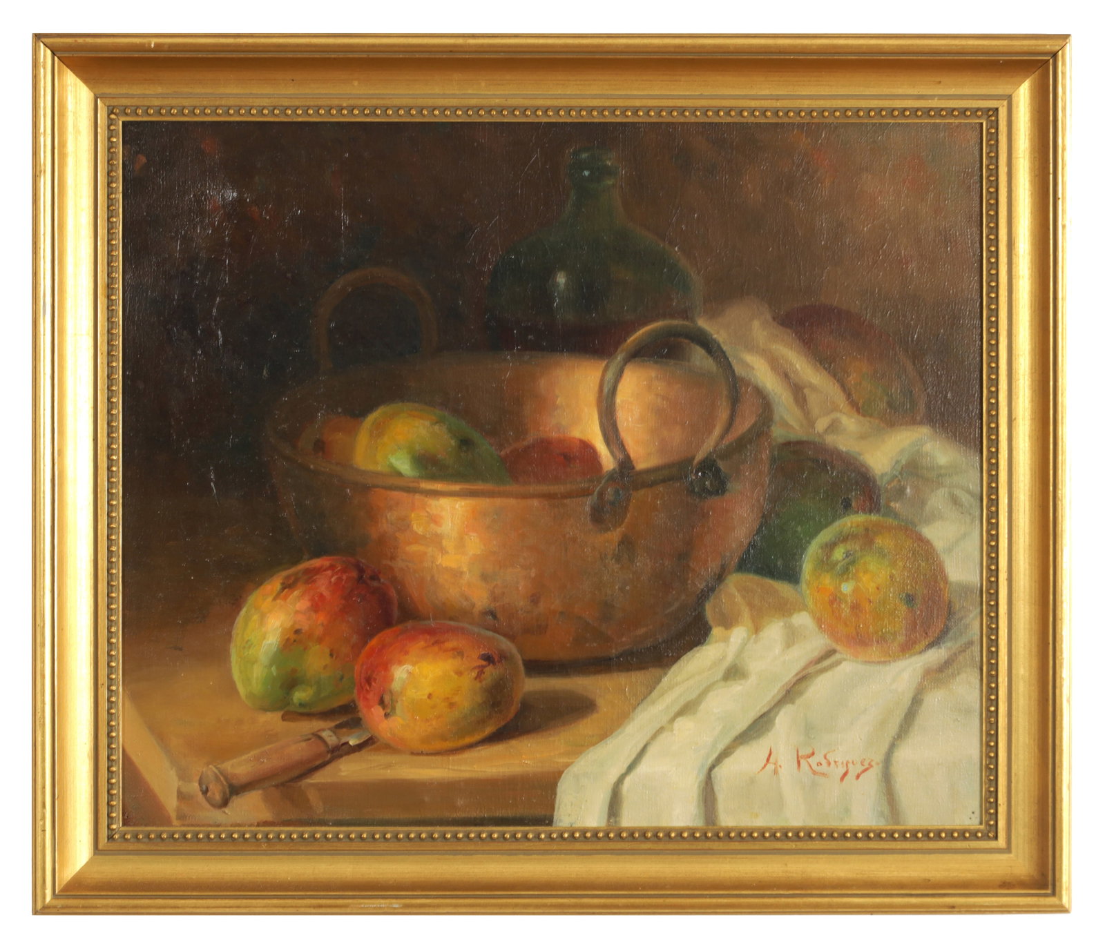 ALFREDO RODRIGUEZ. AN OIL ON CANVAS STILL LIFE: ALFREDO RODRIGUEZ. AN OIL ON CANVAS STILL LIFE of fruit on a table in bowl - signed, in moulded gilt frame (48cm high 59cm wide )