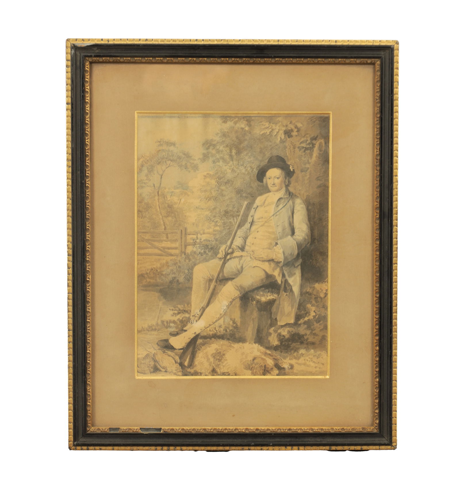 A SMALL WATERCOLOUR OF A MAN WITH GUN: A SMALL WATERCOLOUR OF A MAN WITH GUN AND DOG, FRANCIS WHEATLEY 18TH CENTURY