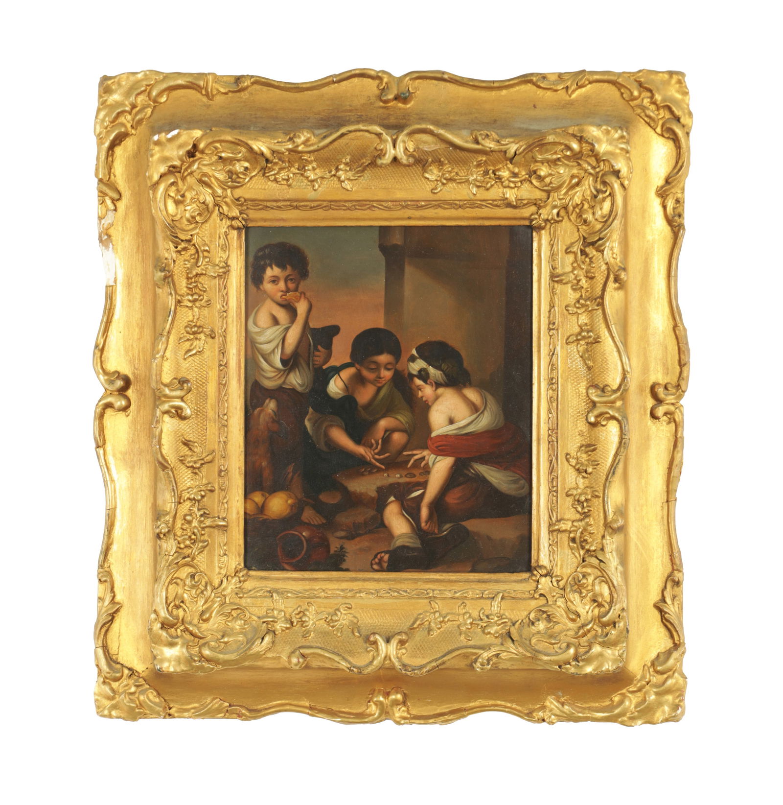 AFTER BARTOLOME ESTEBAN MURILLO. A 19TH CENTURY OIL ON TIN: AFTER BARTOLOME ESTEBAN MURILLO. A 19TH CENTURY OIL ON TIN, street children playing dice - in gilt swept frame (23cm high, 19cm wide)