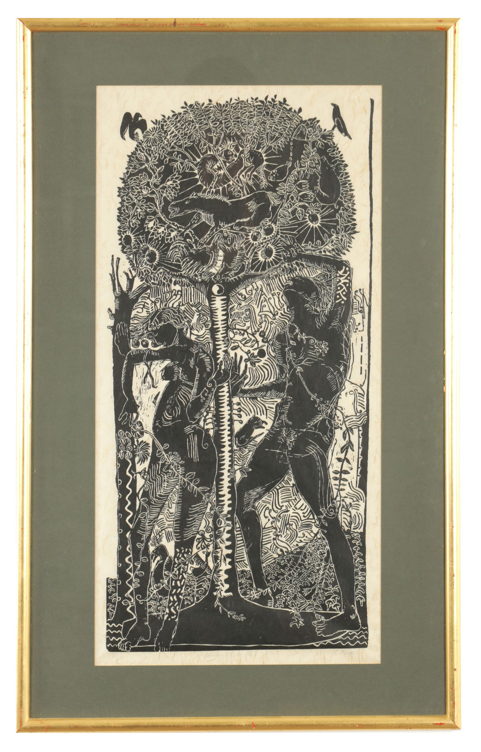 C. PENN 1966. A 20TH CENTURY WOODCUT PRINT OF ADAM AND EVE (1 of 8)