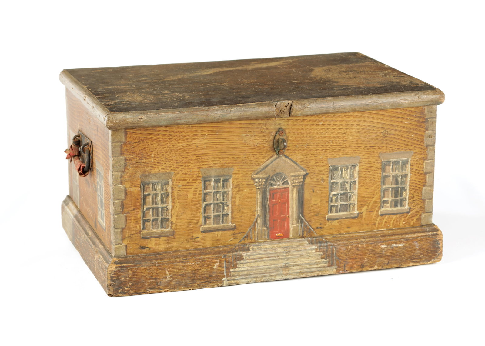 A 19TH CENTURY PINE BOX WITH LATER OVER PAINT DEPICTING A GEORGIAN HOUSE (1 of 13)