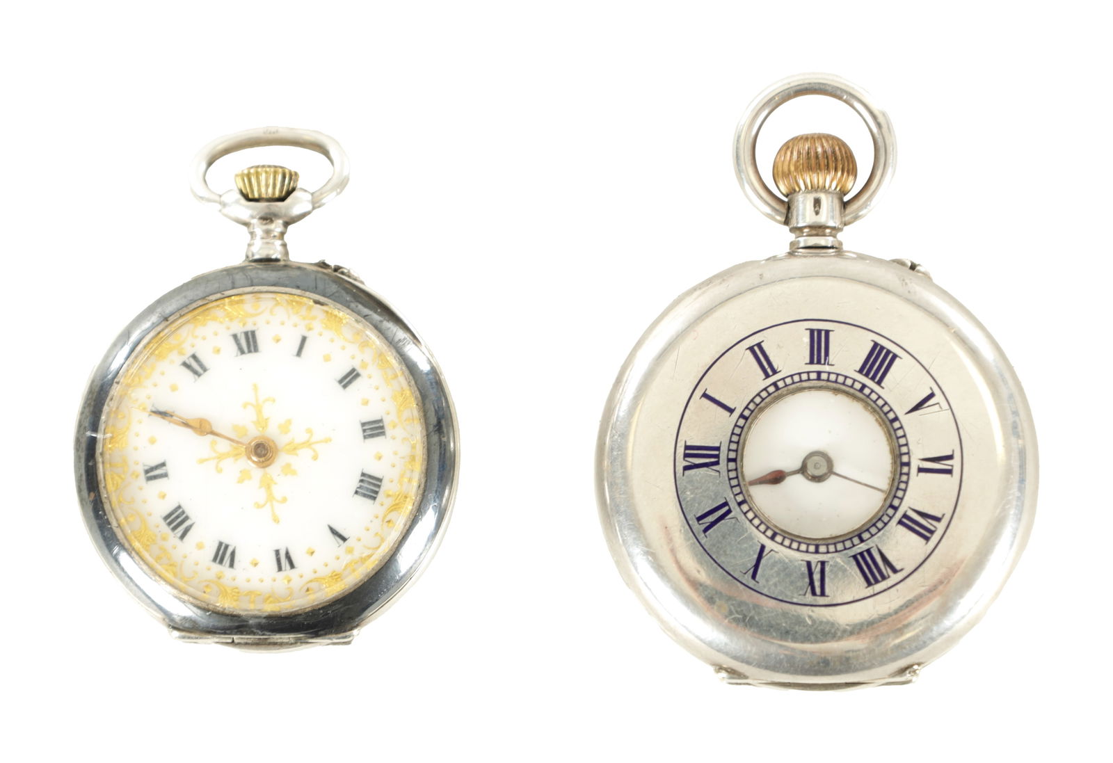 TWO SILVER CASED FOB WATCHES: TWO SILVER CASED FOB WATCHES a half hunter with enamel dial fronting a keyless wound spring driven movement with cylinder escapement, together with an art nouveau Niello silver case watch, the white e