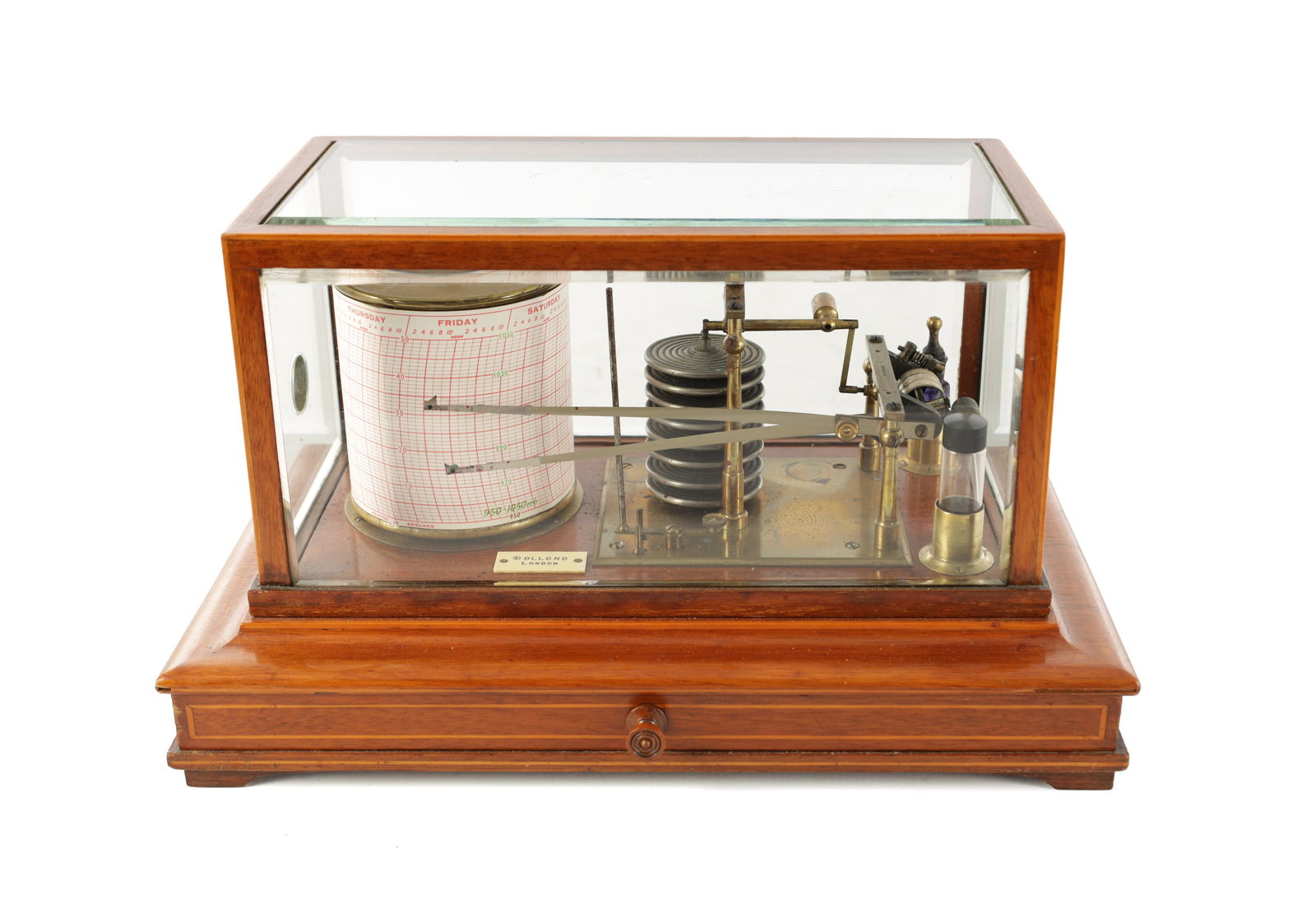 DOLLAND. LONDON. A 19TH CENTURY BOXWOOD STRUNG MAHOGANY BARAGRAPH / THERMOGRAPH: DOLLAND. LONDON. A 19TH CENTURY BOXWOOD STRUNG MAHOGANY BARAGRAPH / THERMOGRAPH with an eight-day spring-driven revolving reading chart, eight bellows and double arms above a chart drawer with bevelle