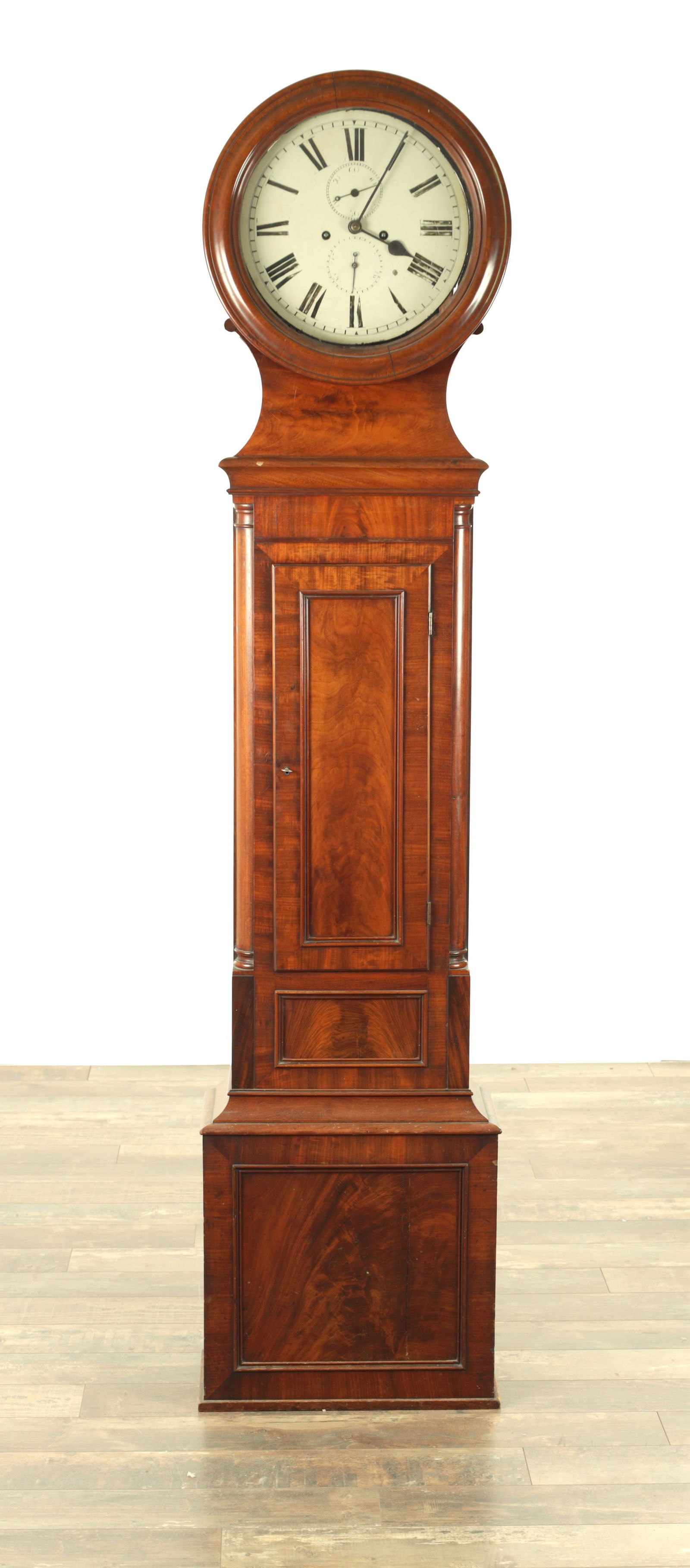 A REGENCY FIGURED MAHOGANY SCOTTISH DRUM HEAD LONGCASE CLOCK (1 of 7)