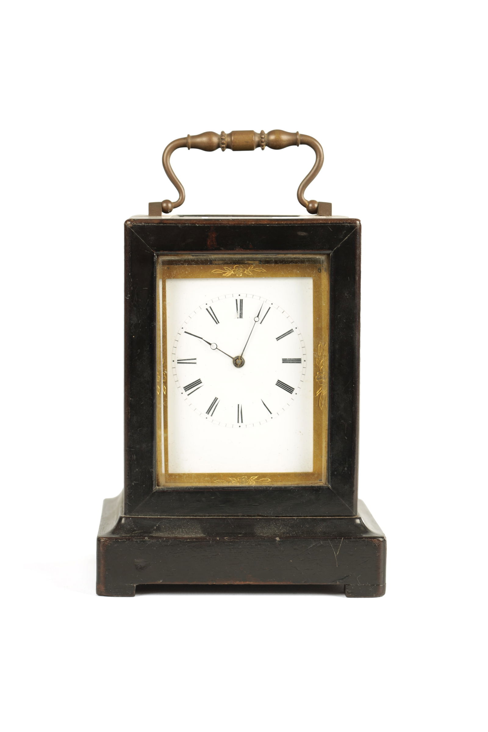 A MID 19TH CENTURY FRENCH EBONISED STRIKING CARRIAGE-TYPE MANTEL CLOCK (1 of 6)