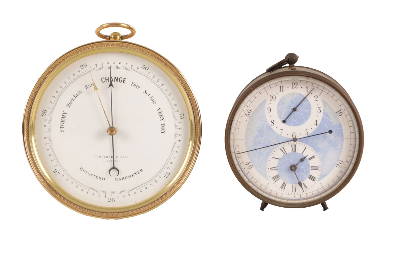 AN UNUSUAL LATE 19TH CENTURY ALARM CLOCK AND AN ANEROID BAROMETER: AN UNUSUAL LATE 19TH CENTURY ALARM CLOCK AND AN ANEROID BAROMETER, the clock having a drum shaped brass case enclosing a blue and white enamel dial with centre seconds, clock dial and alarm dial front