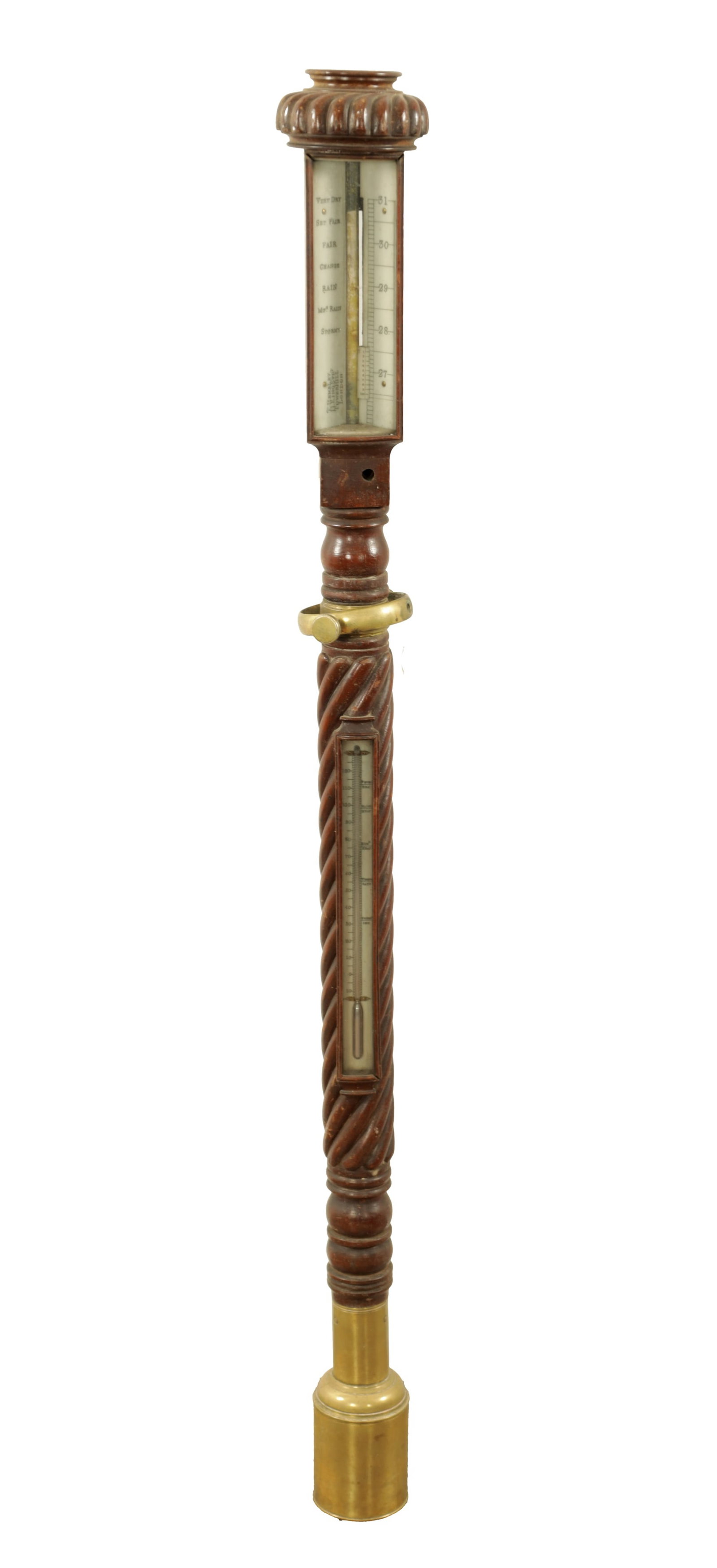 T. HEMSLEY, LONDON. A MID 19TH CENTURY MAHOGANY CASED MARINE BAROMETER: T. HEMSLEY, LONDON. A MID 19TH CENTURY MAHOGANY CASED MARINE BAROMETER the barley twist case with calibrated bone scale and thermometer below on brass gimbal and brass weighted cistern cover. (93cm hi