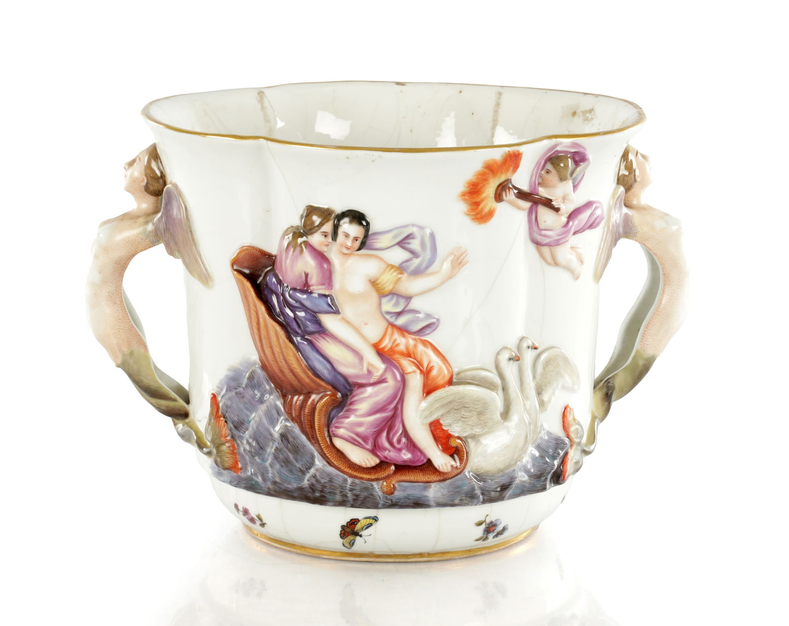 A 19TH CENTURY CAPODIMONTE PORCELAIN JARDINIERE: A 19TH CENTURY CAPODIMONTE PORCELAIN JARDINIERE with nautical figural scenes - faux Meissen mark beneath (20cm high 30cm wide )