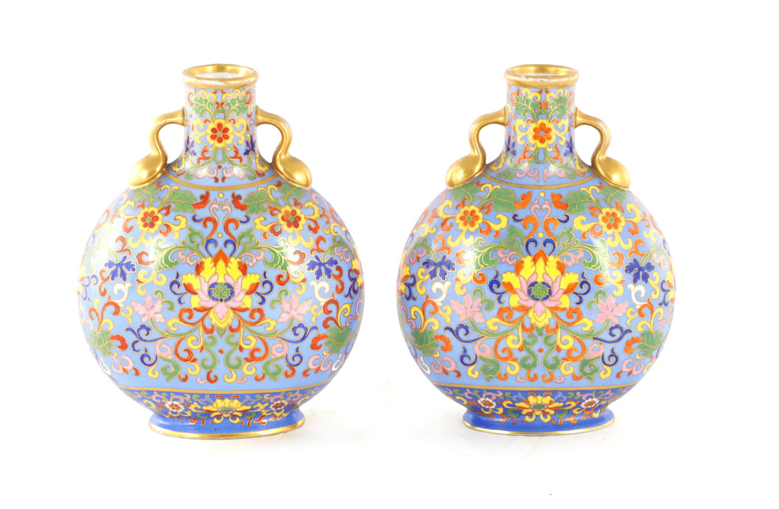 A PAIR OF LATE 19TH CENTURY ENGLISH COALPORT CERAMIC MOON FLASKS: A PAIR OF LATE 19TH CENTURY ENGLISH COALPORT CERAMIC MOON FLASKS brightly coloured with aesthetic floral designs - numbered and marked beneath (20cm high )
