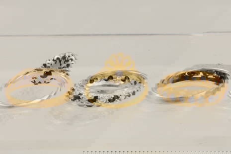A COLLECTION OF THREE LADIES GOLD AND DIAMOND RINGS: A COLLECTION OF THREE LADIES GOLD AND DIAMOND RINGS, comprising of a Victorian ring with app. 0.5ct centre rose cut diamond surrounded by 12 hand-cut diamonds, a 9ct gold three-stone diamond ring, and
