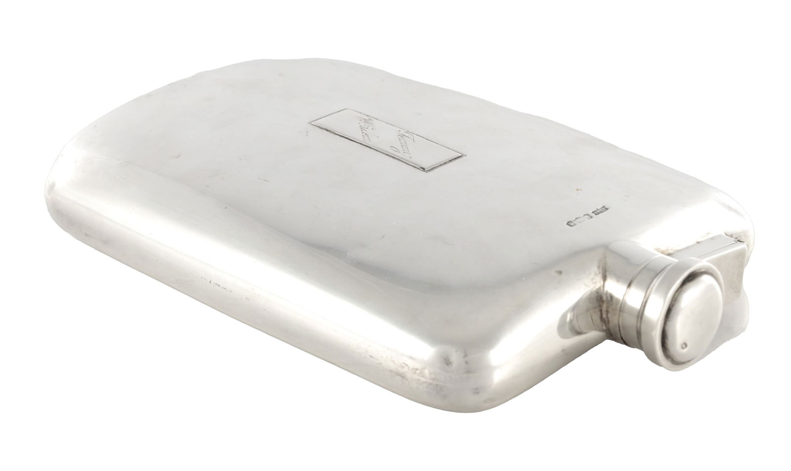 A 1920'S OVERSIZED SILVER HIP FLASK: A 1920'S OVERSIZED SILVER HIP FLASK, of curved rectangular form with hinged bayonet fitted cap. The plaque inscribed 'Tommy Wisdom'. Total weight app. 586g - James Dixon & Sons Ltd. Sheffield,1921. (2