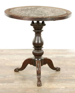 A 19TH CENTURY CHINESE HARDWOOD AND CLOUD STONE INSET MARBLE CIRCULAR TABLE: A 19TH CENTURY CHINESE HARDWOOD AND CLOUD STONE INSET MARBLE CIRCULAR TABLE with inlaid mother-of-pearl border above a bulbous stem with ball and claw cabriole legs (82cm diameter 85cm high)
