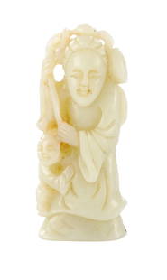 AN EARLY CHINESE CARVED JADE SCULPTURE OF A STANDING FEMALE IMMORTAL: AN EARLY CHINESE CARVED JADE SCULPTURE OF A STANDING FEMALE IMMORTAL (8cm high )