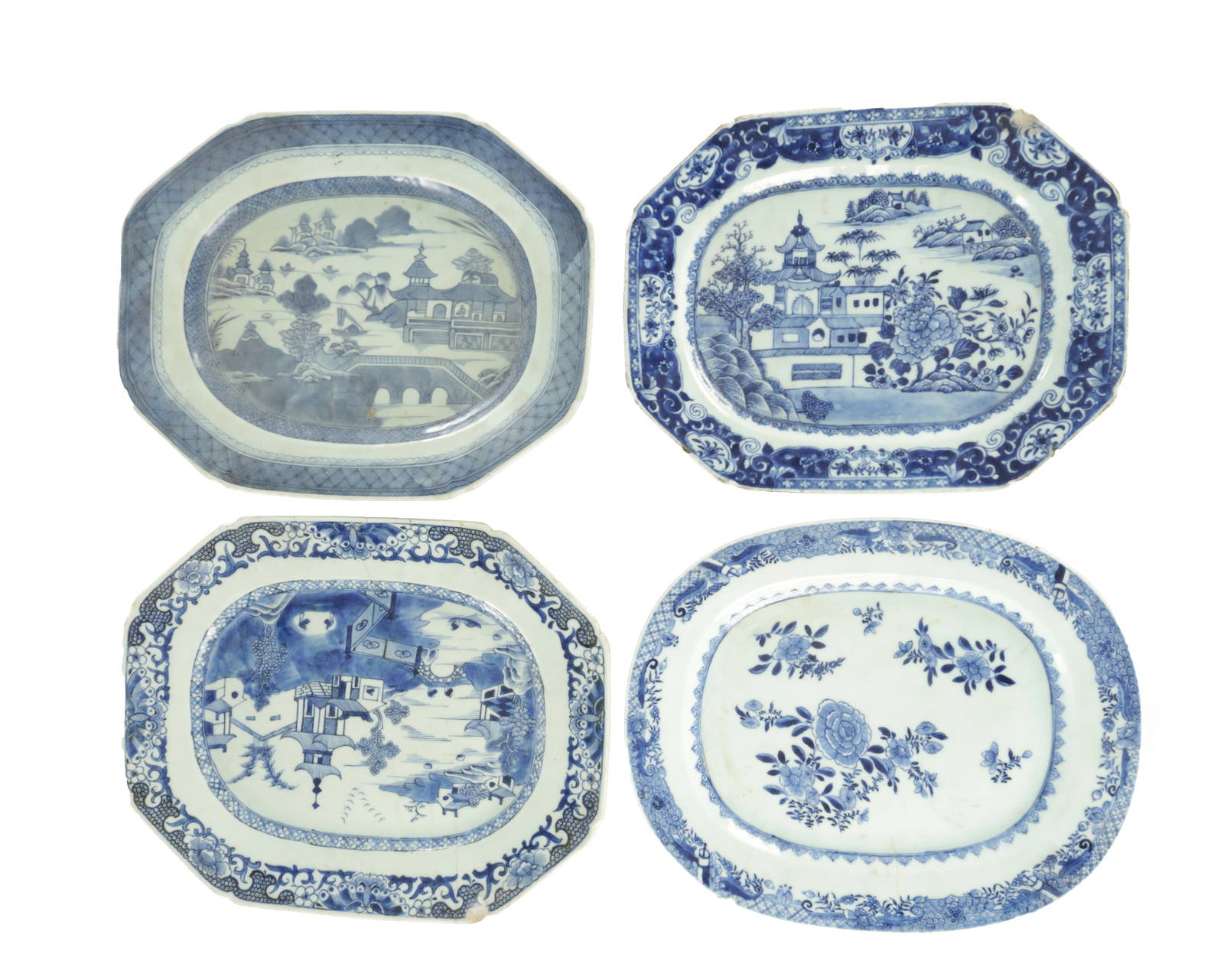 A COLLECTION OF FOUR 18TH CENTURY CHINESE BLUE AND WHITE PORCELAIN MEAT PLATES