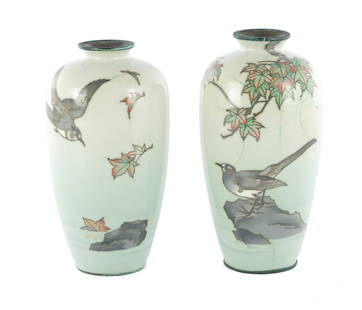 A PAIR OF JAPANESE MEIJI PERIOD CLOISONNE VASES: A PAIR OF JAPANESE MEIJI PERIOD CLOISONNE VASES decorated with birds amongst trees (18cm high )