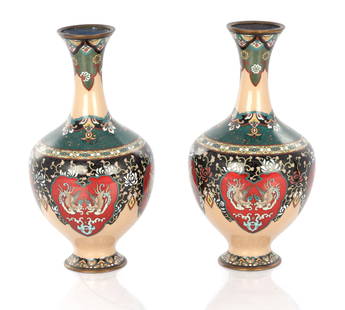 A PAIR OF JAPANESE MEIJI PERIOD CLOISONNE VASES: A PAIR OF JAPANESE MEIJI PERIOD CLOISONNE VASES of bulbous form with slender flared necks decorated with brightly coloured enamels with geometric bands and dragon and insect panels. (30cm high )