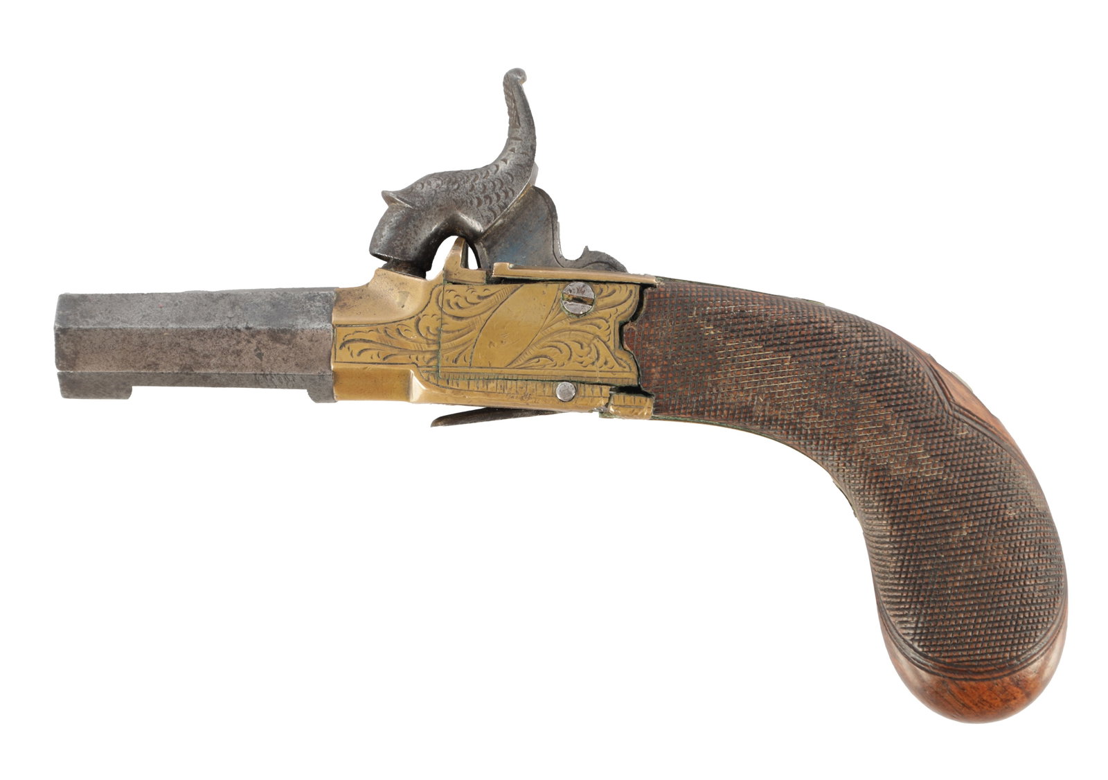 A 19TH CENTURY BRASS FRAMED BOXLOCK PISTOL: A 19TH CENTURY BRASS FRAMED BOXLOCK PISTOL with octagonal steel barrel on a brass frame with engraved side plates and concealed steel trigger on a chequered walnut grip (13cm overall )