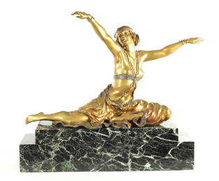 CLAIRE JEANNE ROBERTE COLINET (1880 - 1950). A FINE ART DECO GILT BRONZE SCULPTURE OF A DANCER