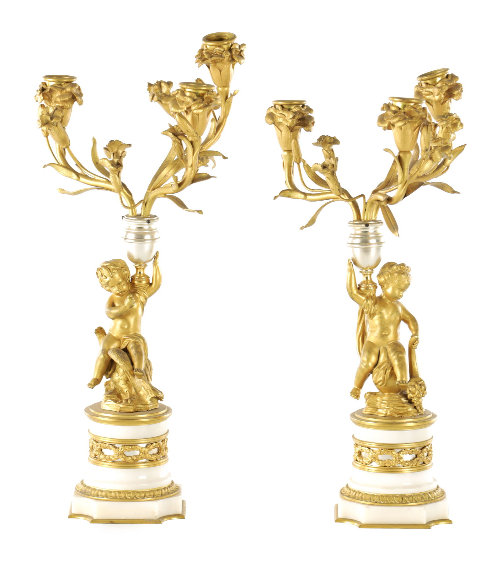 A PAIR OF 19TH CENTURY FRENCH GILT ORMOLU AND SILVER HIGH-LIGHTED THREE BRANCH CANDELABRA (1 of 10)