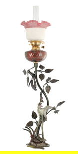 AN UNUSUAL COLD PAINTED BRONZE OIL LAMP: AN UNUSUAL COLD PAINTED BRONZE OIL LAMP, modelled as a crane standing on a turtle with a dragon's head amongst branch work. (101cm high including glass chimney )
