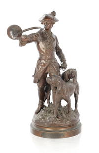 HIPPOLYTE MOREAU & LECOURTIER. A GOOD 19TH CENTURY FRENCH BRONZE FIGURE GROUP ENTITLED "PIQUEUR AU: HIPPOLYTE MOREAU & LECOURTIER. A GOOD 19TH CENTURY FRENCH BRONZE FIGURE GROUP ENTITLED "PIQUEUR AU RELAIS" depicting a horn blower with hounds - signed on circular base (53cm high )