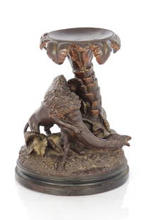 A 19TH CENTURY TERRACOTTA ANIMALIER TABLE SCULPTURE: A 19TH CENTURY TERRACOTTA ANIMALIER TABLE SCULPTURE depicting a camel being mauled by a lion under a palm tree platform on a naturalistic base. (37cm high)