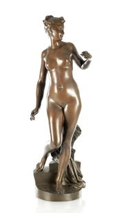 JOSEPH HENRI CAONDAMIN (1847-1917). A LARGE EARLY 20TH CENTURY BRONZE SCULPTURE OF A NUDE FEMALE: JOSEPH HENRI CAONDAMIN (1847-1917). A LARGE EARLY 20TH CENTURY BRONZE SCULPTURE OF A NUDE FEMALE on a stepped circular base - signed (76cm high )