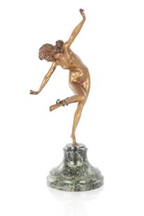 A GOOD ART DECO GILT BRONZE SCULPTURE "THE SNAKE DANCER" AFTER COLLINET: A GOOD ART DECO GILT BRONZE SCULPTURE "THE SNAKE DANCER" AFTER COLLINET on an antico verde turned marble socle - unsigned (49cm high )