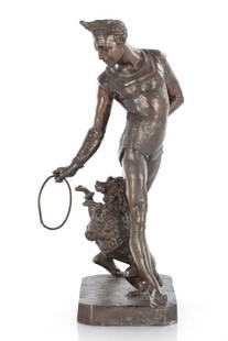 ATT. TO GEORGE DE CHEEMELLIER. A LATE 19TH CENTURY BRONZE SCULPTURE OF A CIRCUS ENTERTAINER AND DOG: ATT. TO GEORGE DE CHEEMELLIER. A LATE 19TH CENTURY BRONZE SCULPTURE OF A CIRCUS ENTERTAINER AND DOG on a square plinth base - unsigned (39cm high )
