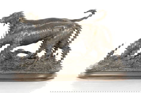 CHRISTOPHE FRATIN (1801 - 1864). A 19TH CENTURY FRENCH PATINATED BRONZE SCULPTURE OF TWO HOUNDS: CHRISTOPHE FRATIN (1801 - 1864). A 19TH CENTURY FRENCH PATINATED BRONZE SCULPTURE OF TWO HOUNDS mounted on a naturalistic base - signed (43cm wide 25cm high )